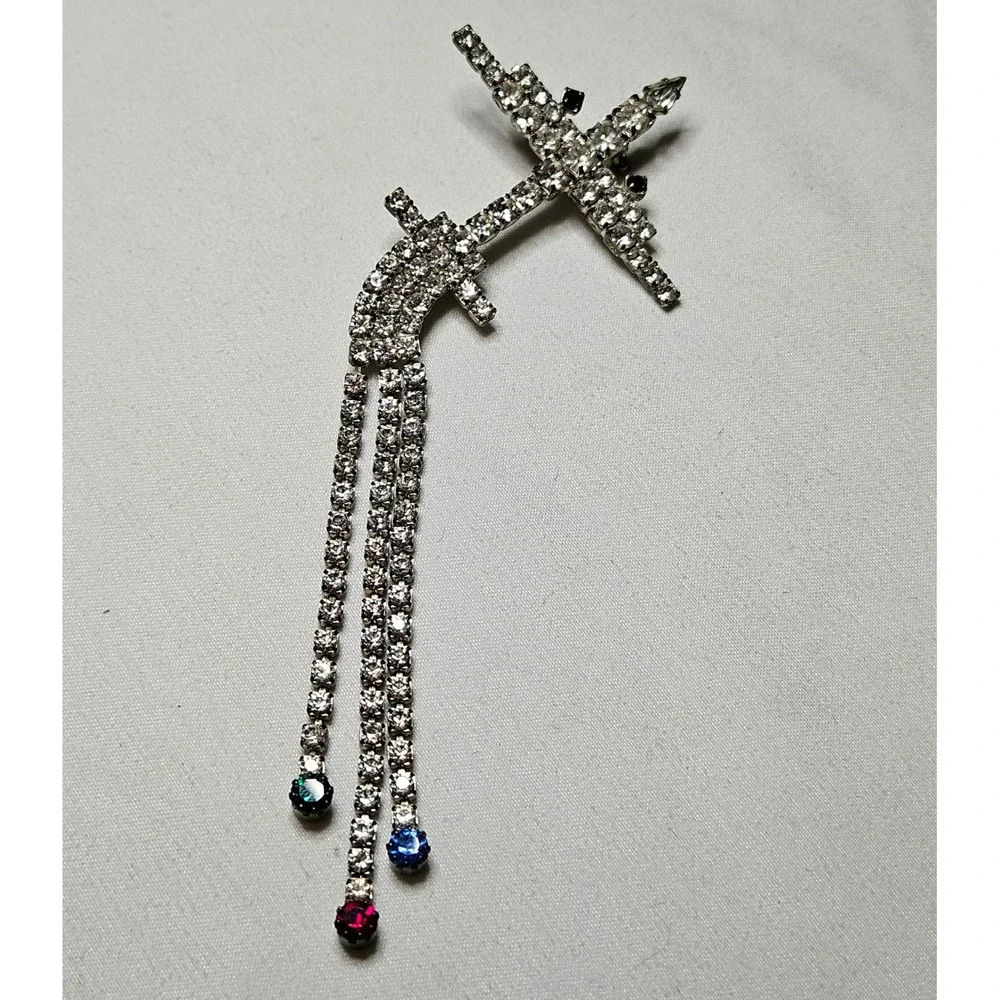Vintage Rhinestone Airplane Brooch Silver Tone Dangle Charms MCM Retro Jewelry